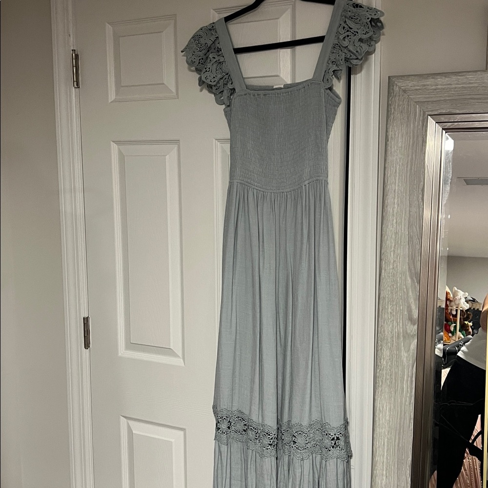 Light Blue Lace Trim Maxi Dress